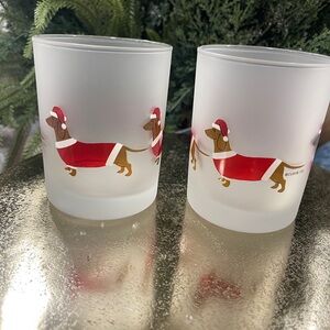 Christmas Dachshund Weenie Dog Santa Frosted Glass Drinking Glasses set of 2 NEW